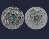 Water ice on the moon's south pole (left) and north pole (right) as detected by a NASA instrument. Image: NASA. 